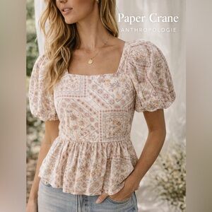 Paper Crane Cream Floral Square-Neck Puff Sleeve Peplum Top